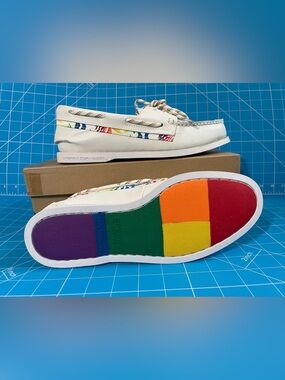 Sperry White Pride Boat Shoes with Rainbow Sole Accents